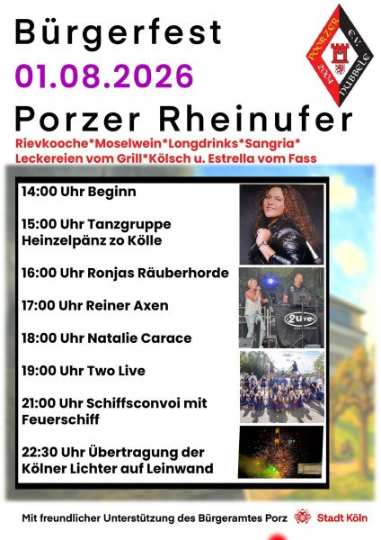 Ab 15:00 h Programm der "Poorzer Nubbele" an der Rheinpromenade, ab 21:30 h "Kölner Lichter"